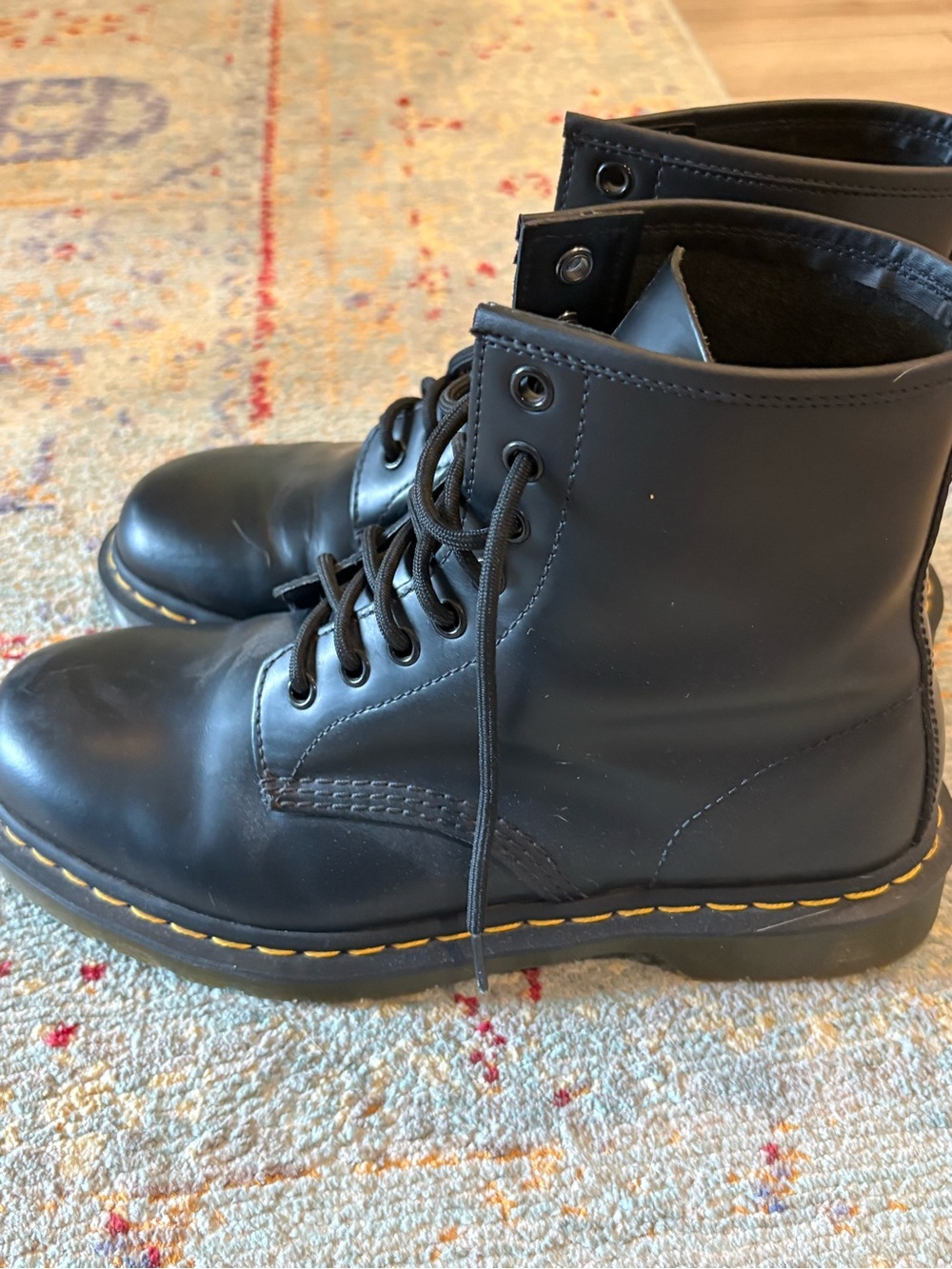 Doc Martens Black Leather Lace-Up Boots with Yellow Stitching - Picture 4 of 7